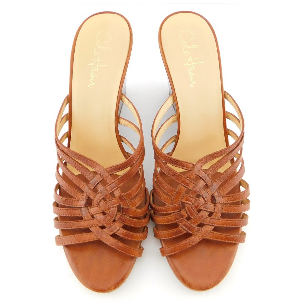 COLE HAAN Natural Brown Leather Slide Wedge Heel Sandals 8